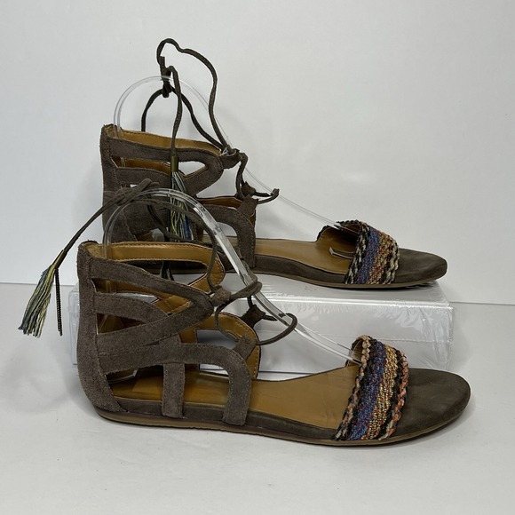 Dolce Vita Shoes - Dolce Vita flat sandals grey multi colored woven strap ankle strap with tassel 7